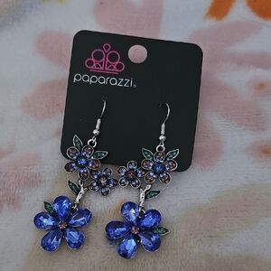 Paparazzi Silver and Blue Gem Floral Earrings